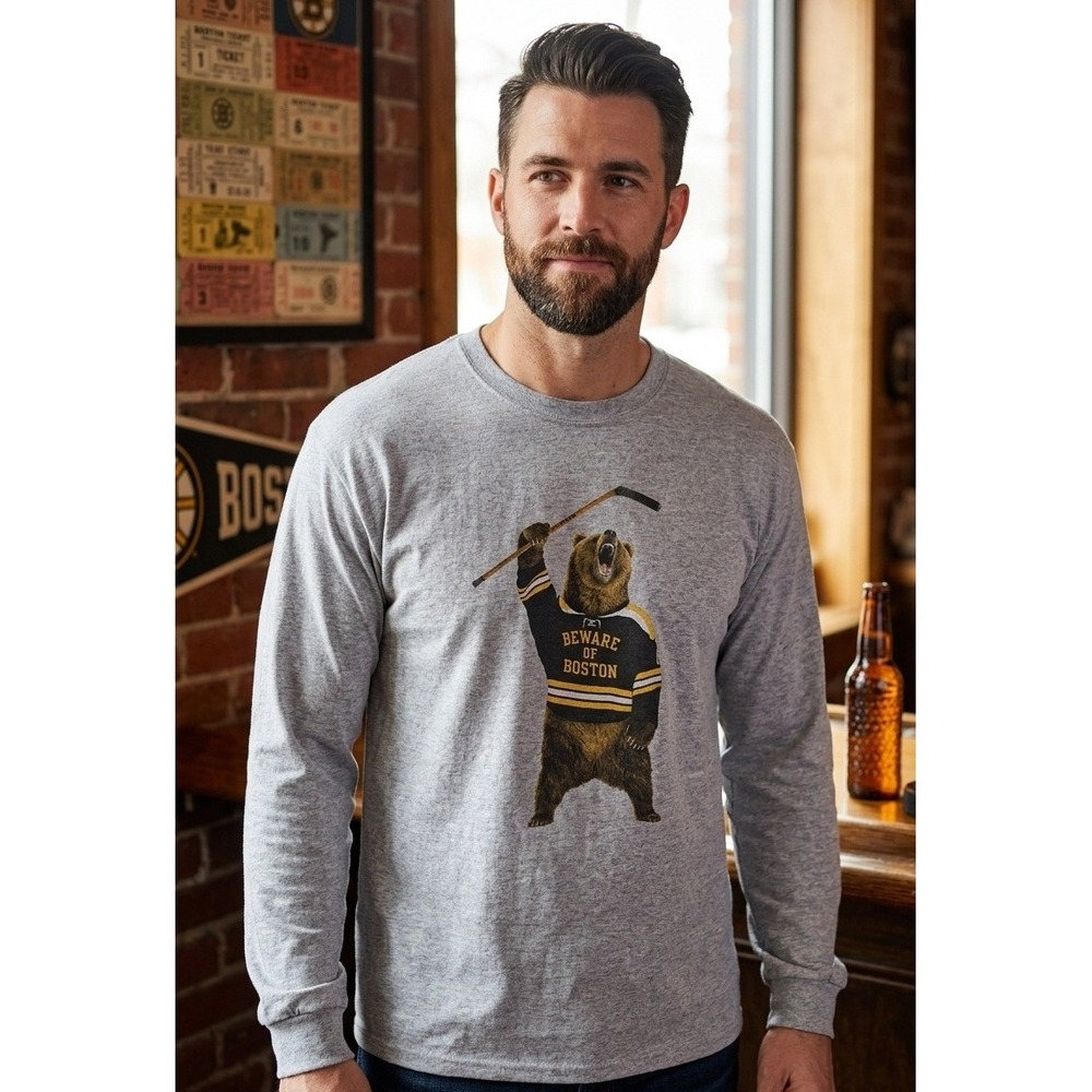Chowdaheadz Beware of‎ Boston Bear Hockey Graphic Long Sleeve T-Shirt Men L Gray